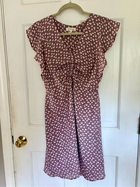 Lilac Floral Ruched V-Neck Midi Dress